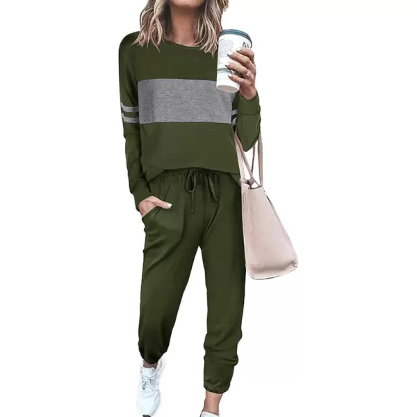 PRETTYGARDEN Womens Color Block 2 Piece Tracksuit Crewneck Long Sleeve Tops Long Sweatpants Outfits Lounge SetsArmy Green