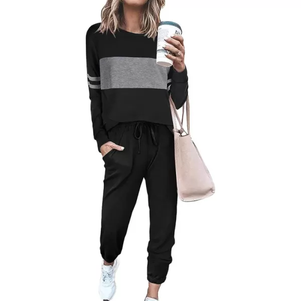 PRETTYGARDEN Womens Color Block 2 Piece Tracksuit Crewneck Long Sleeve Tops Long Sweatpants Outfits Lounge SetsBlack