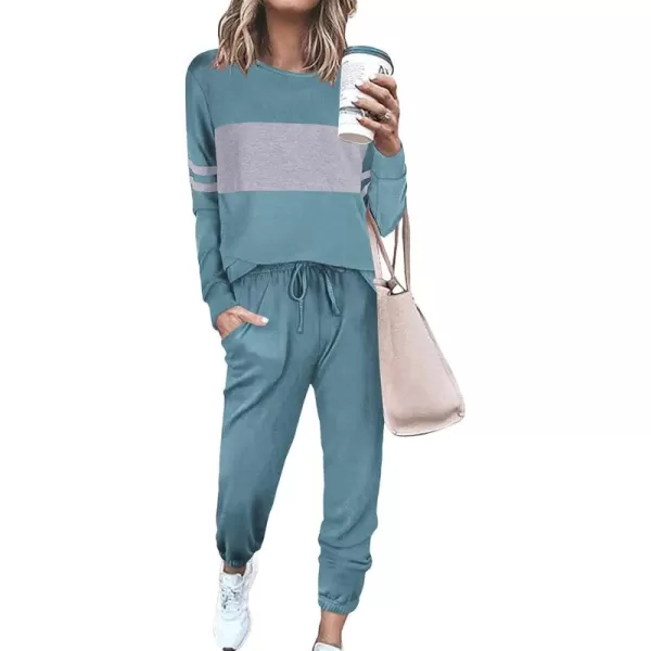 PRETTYGARDEN Womens Color Block 2 Piece Tracksuit Crewneck Long Sleeve Tops Long Sweatpants Outfits Lounge SetsBlue
