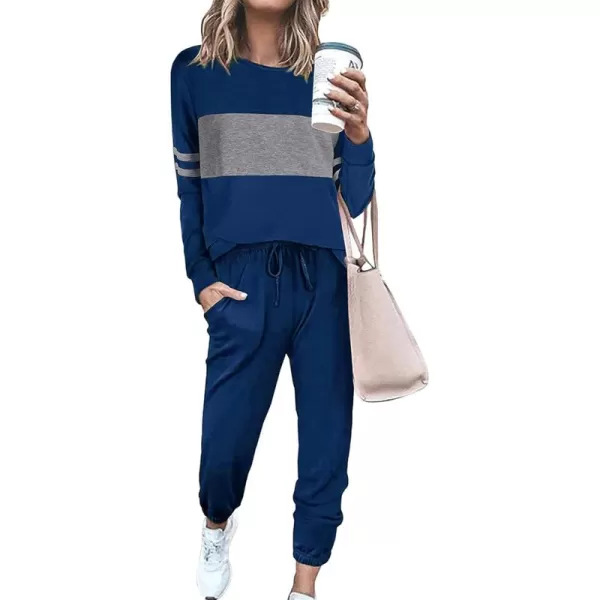 PRETTYGARDEN Womens Color Block 2 Piece Tracksuit Crewneck Long Sleeve Tops Long Sweatpants Outfits Lounge SetsBright Blue