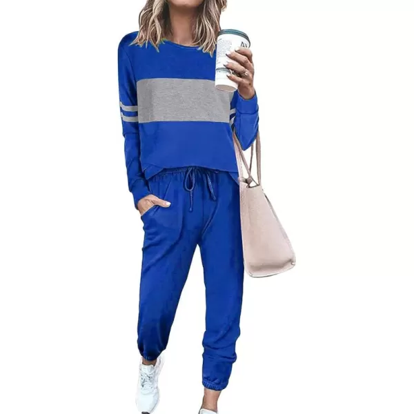 PRETTYGARDEN Womens Color Block 2 Piece Tracksuit Crewneck Long Sleeve Tops Long Sweatpants Outfits Lounge SetsDark Blue