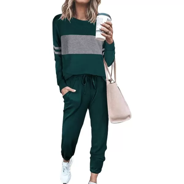 PRETTYGARDEN Womens Color Block 2 Piece Tracksuit Crewneck Long Sleeve Tops Long Sweatpants Outfits Lounge SetsDark Green