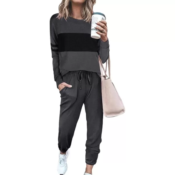 PRETTYGARDEN Womens Color Block 2 Piece Tracksuit Crewneck Long Sleeve Tops Long Sweatpants Outfits Lounge SetsDark Grey