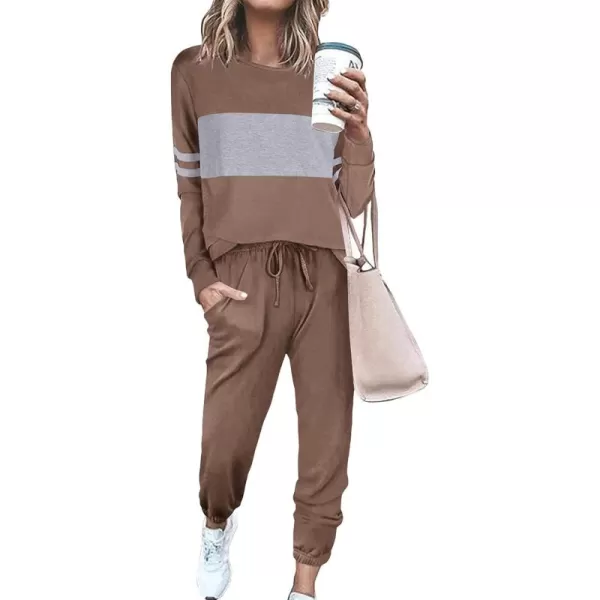 PRETTYGARDEN Womens Color Block 2 Piece Tracksuit Crewneck Long Sleeve Tops Long Sweatpants Outfits Lounge SetsDark Khaki