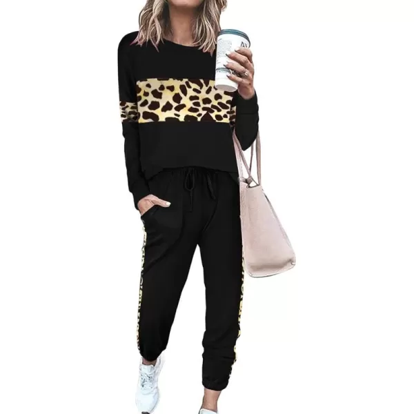 PRETTYGARDEN Womens Color Block 2 Piece Tracksuit Crewneck Long Sleeve Tops Long Sweatpants Outfits Lounge SetsLeopard Black