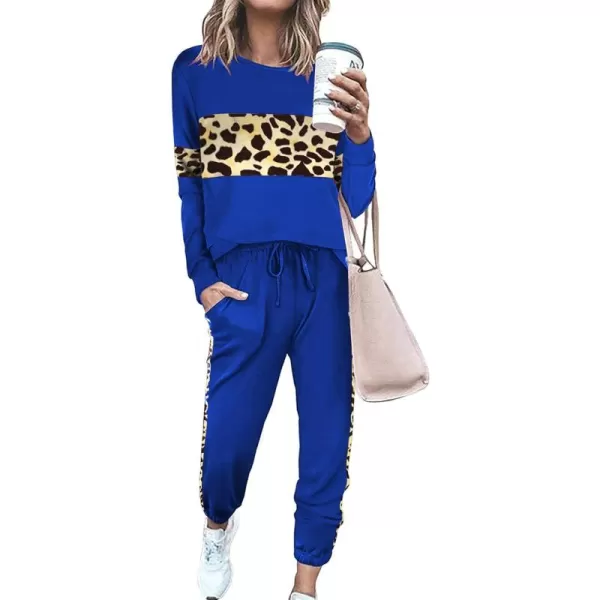 PRETTYGARDEN Womens Color Block 2 Piece Tracksuit Crewneck Long Sleeve Tops Long Sweatpants Outfits Lounge SetsLeopard Blue