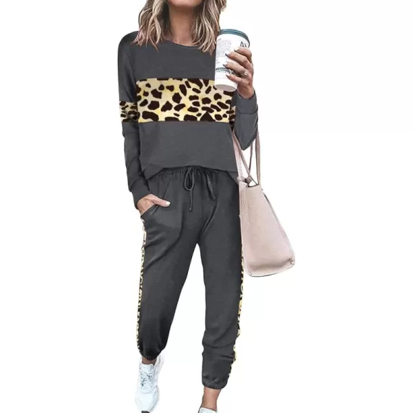 PRETTYGARDEN Womens Color Block 2 Piece Tracksuit Crewneck Long Sleeve Tops Long Sweatpants Outfits Lounge SetsLeopard Dark Grey