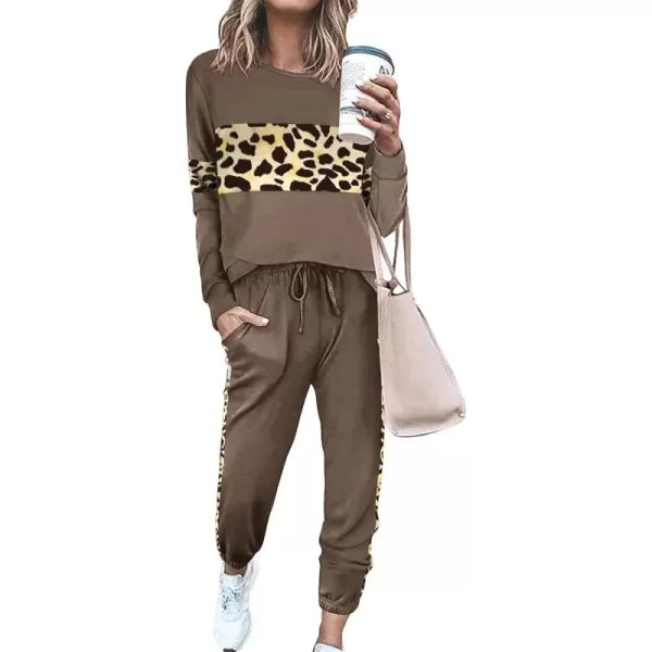 PRETTYGARDEN Womens Color Block 2 Piece Tracksuit Crewneck Long Sleeve Tops Long Sweatpants Outfits Lounge SetsLeopard Dark Khaki