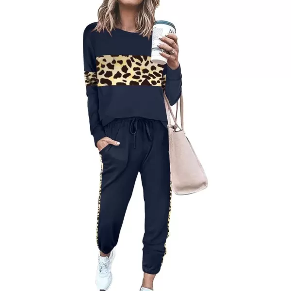 PRETTYGARDEN Womens Color Block 2 Piece Tracksuit Crewneck Long Sleeve Tops Long Sweatpants Outfits Lounge SetsLeopard Navy
