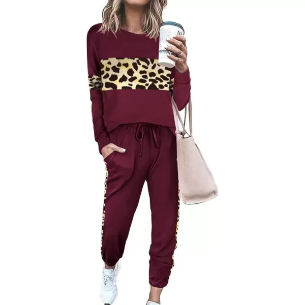 PRETTYGARDEN Womens Color Block 2 Piece Tracksuit Crewneck Long Sleeve Tops Long Sweatpants Outfits Lounge SetsLeopard Wine Red