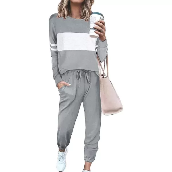 PRETTYGARDEN Womens Color Block 2 Piece Tracksuit Crewneck Long Sleeve Tops Long Sweatpants Outfits Lounge SetsLight Grey