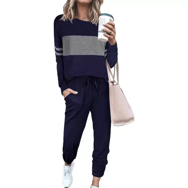 PRETTYGARDEN Womens Color Block 2 Piece Tracksuit Crewneck Long Sleeve Tops Long Sweatpants Outfits Lounge SetsNavy