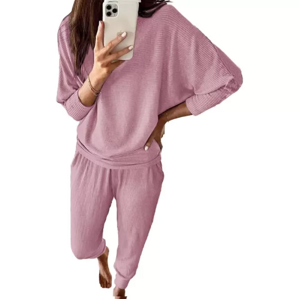 PRETTYGARDEN Womens Fashion Outfits 2 Piece Sweatsuit Solid Color Long Sleeve Pullover Long PantsPink