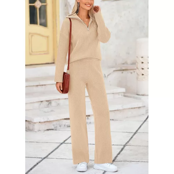 PRETTYGARDEN Womens 2 Piece Sweater Set Long Sleeve Quarter Zip Sweatshirt Wide Leg Pants Fall Outfits TracksuitBeige