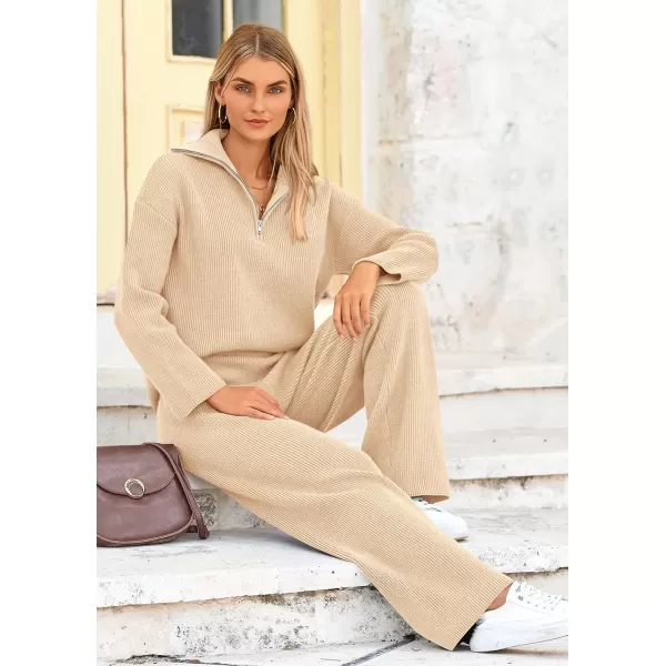 PRETTYGARDEN Womens 2 Piece Sweater Set Long Sleeve Quarter Zip Sweatshirt Wide Leg Pants Fall Outfits TracksuitBeige