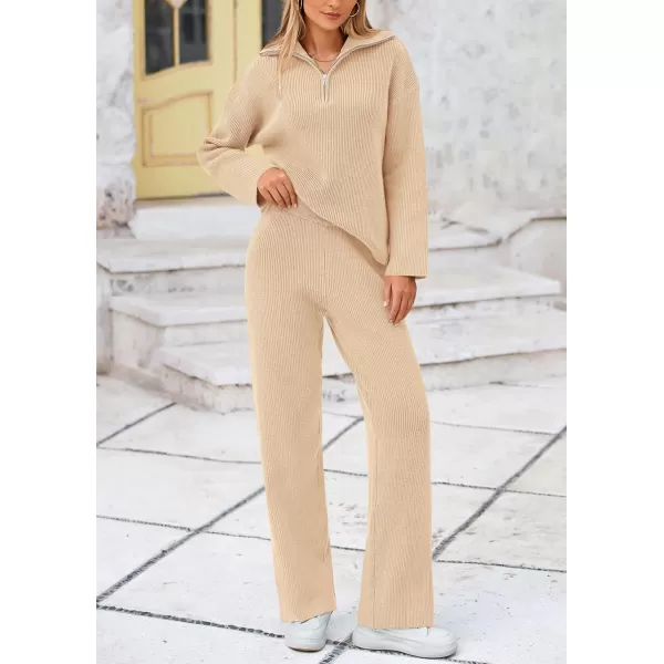 PRETTYGARDEN Womens 2 Piece Sweater Set Long Sleeve Quarter Zip Sweatshirt Wide Leg Pants Fall Outfits TracksuitBeige