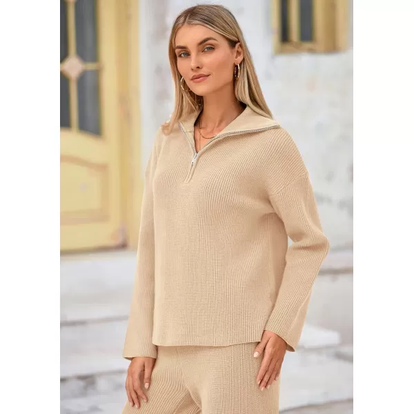 PRETTYGARDEN Womens 2 Piece Sweater Set Long Sleeve Quarter Zip Sweatshirt Wide Leg Pants Fall Outfits TracksuitBeige