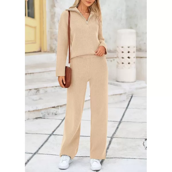 PRETTYGARDEN Womens 2 Piece Sweater Set Long Sleeve Quarter Zip Sweatshirt Wide Leg Pants Fall Outfits TracksuitBeige