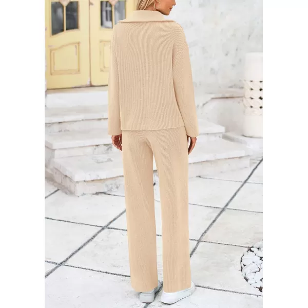 PRETTYGARDEN Womens 2 Piece Sweater Set Long Sleeve Quarter Zip Sweatshirt Wide Leg Pants Fall Outfits TracksuitBeige