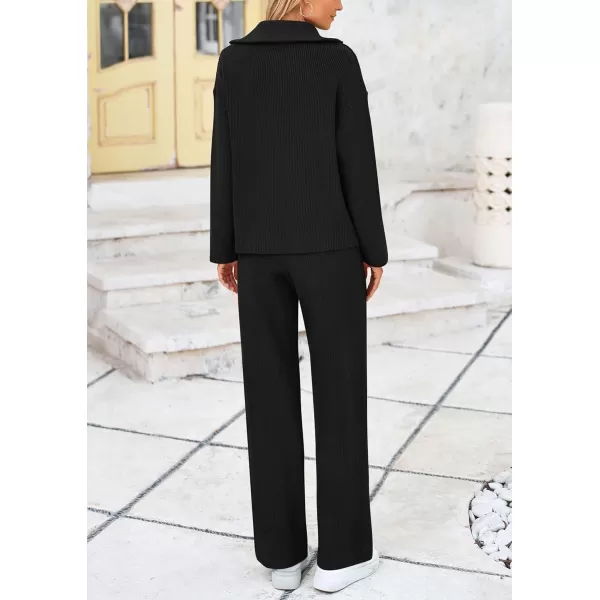 PRETTYGARDEN Womens 2 Piece Sweater Set Long Sleeve Quarter Zip Sweatshirt Wide Leg Pants Fall Outfits TracksuitBlack