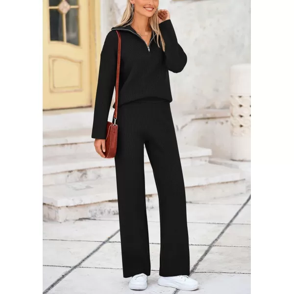 PRETTYGARDEN Womens 2 Piece Sweater Set Long Sleeve Quarter Zip Sweatshirt Wide Leg Pants Fall Outfits TracksuitBlack