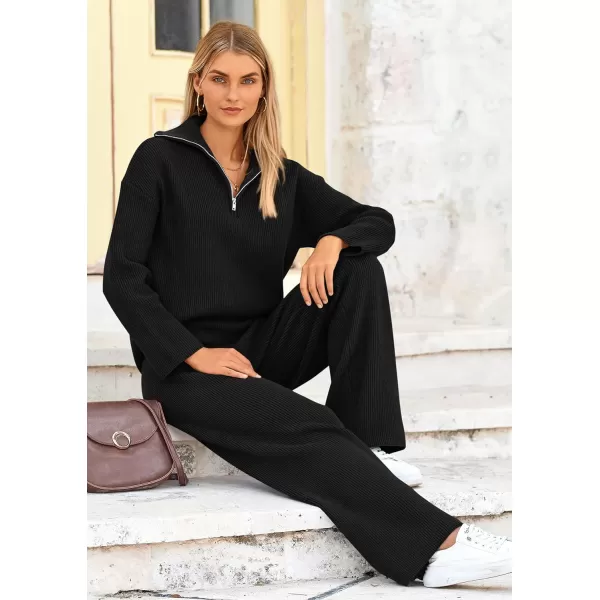 PRETTYGARDEN Womens 2 Piece Sweater Set Long Sleeve Quarter Zip Sweatshirt Wide Leg Pants Fall Outfits TracksuitBlack