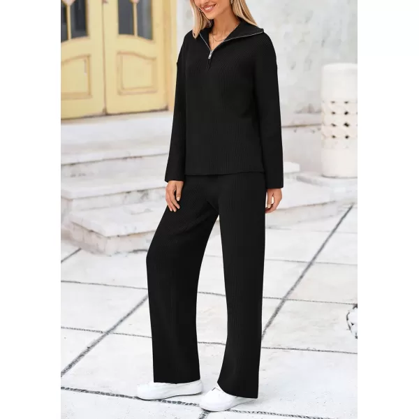 PRETTYGARDEN Womens 2 Piece Sweater Set Long Sleeve Quarter Zip Sweatshirt Wide Leg Pants Fall Outfits TracksuitBlack