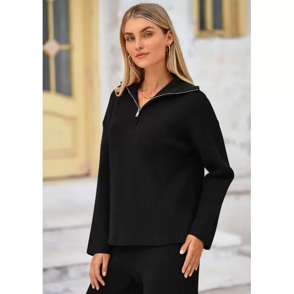 PRETTYGARDEN Womens 2 Piece Sweater Set Long Sleeve Quarter Zip Sweatshirt Wide Leg Pants Fall Outfits TracksuitBlack