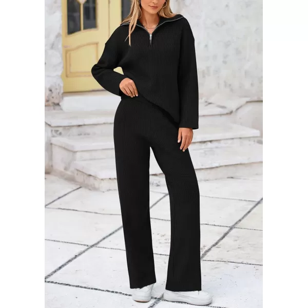 PRETTYGARDEN Womens 2 Piece Sweater Set Long Sleeve Quarter Zip Sweatshirt Wide Leg Pants Fall Outfits TracksuitBlack