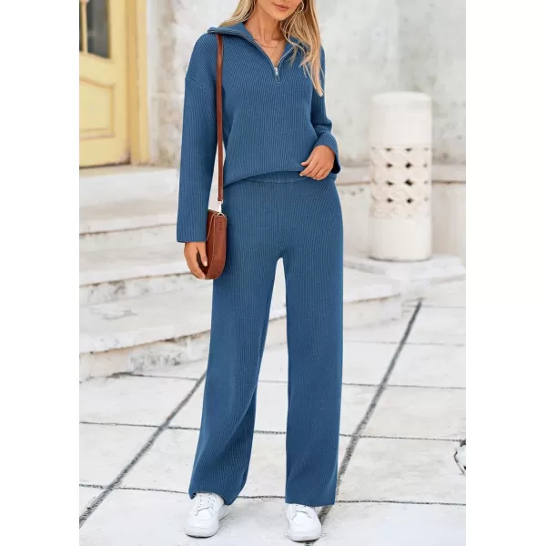 PRETTYGARDEN Womens 2 Piece Sweater Set Long Sleeve Quarter Zip Sweatshirt Wide Leg Pants Fall Outfits TracksuitBlue