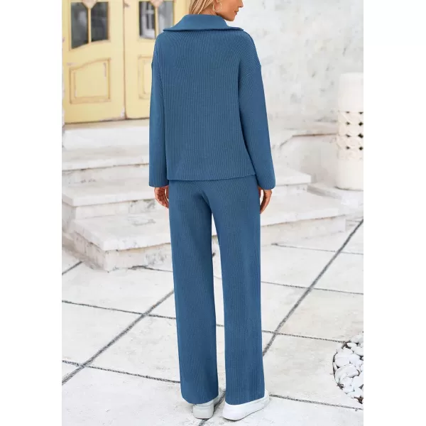 PRETTYGARDEN Womens 2 Piece Sweater Set Long Sleeve Quarter Zip Sweatshirt Wide Leg Pants Fall Outfits TracksuitBlue