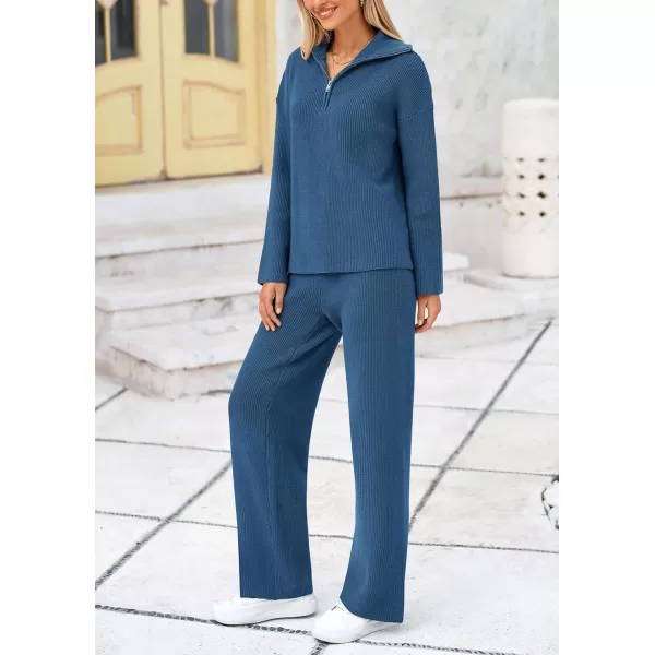 PRETTYGARDEN Womens 2 Piece Sweater Set Long Sleeve Quarter Zip Sweatshirt Wide Leg Pants Fall Outfits TracksuitBlue