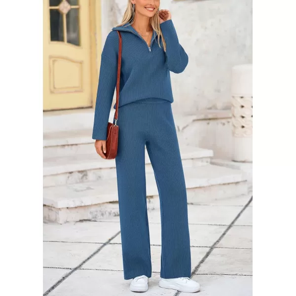 PRETTYGARDEN Womens 2 Piece Sweater Set Long Sleeve Quarter Zip Sweatshirt Wide Leg Pants Fall Outfits TracksuitBlue