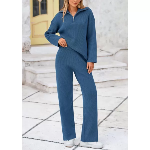 PRETTYGARDEN Womens 2 Piece Sweater Set Long Sleeve Quarter Zip Sweatshirt Wide Leg Pants Fall Outfits TracksuitBlue