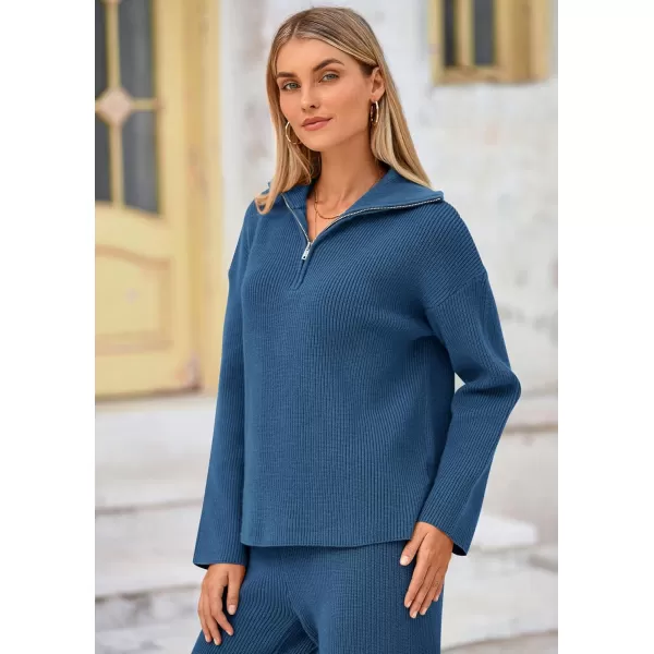 PRETTYGARDEN Womens 2 Piece Sweater Set Long Sleeve Quarter Zip Sweatshirt Wide Leg Pants Fall Outfits TracksuitBlue