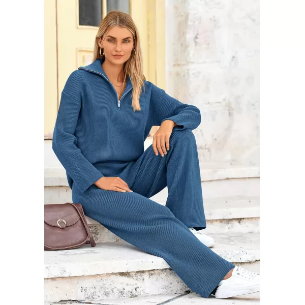 PRETTYGARDEN Womens 2 Piece Sweater Set Long Sleeve Quarter Zip Sweatshirt Wide Leg Pants Fall Outfits TracksuitBlue