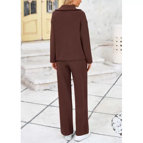 PRETTYGARDEN Womens 2 Piece Sweater Set Long Sleeve Quarter Zip Sweatshirt Wide Leg Pants Fall Outfits TracksuitCoffee