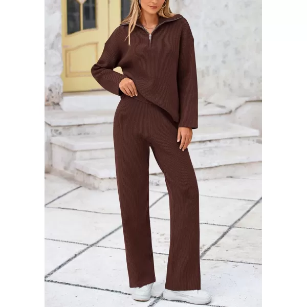 PRETTYGARDEN Womens 2 Piece Sweater Set Long Sleeve Quarter Zip Sweatshirt Wide Leg Pants Fall Outfits TracksuitCoffee