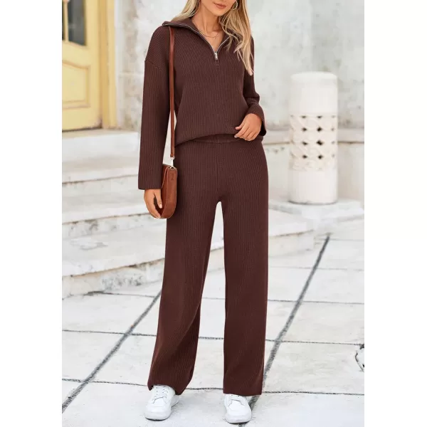 PRETTYGARDEN Womens 2 Piece Sweater Set Long Sleeve Quarter Zip Sweatshirt Wide Leg Pants Fall Outfits TracksuitCoffee