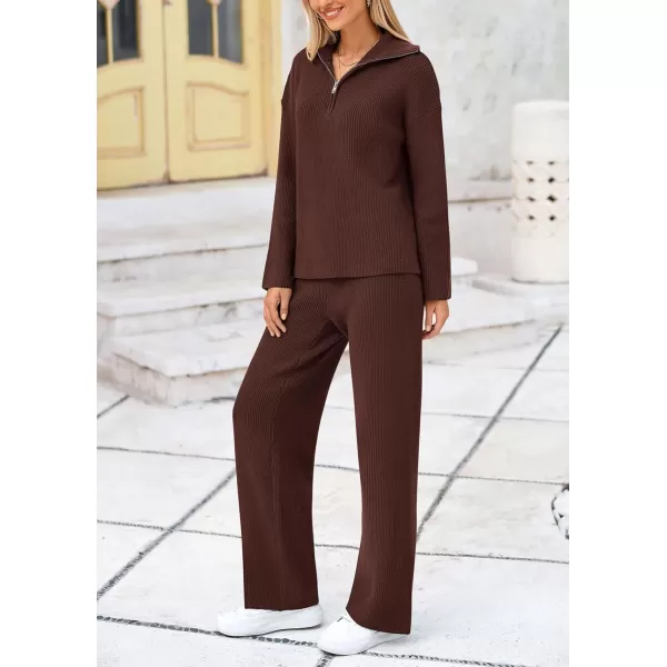 PRETTYGARDEN Womens 2 Piece Sweater Set Long Sleeve Quarter Zip Sweatshirt Wide Leg Pants Fall Outfits TracksuitCoffee