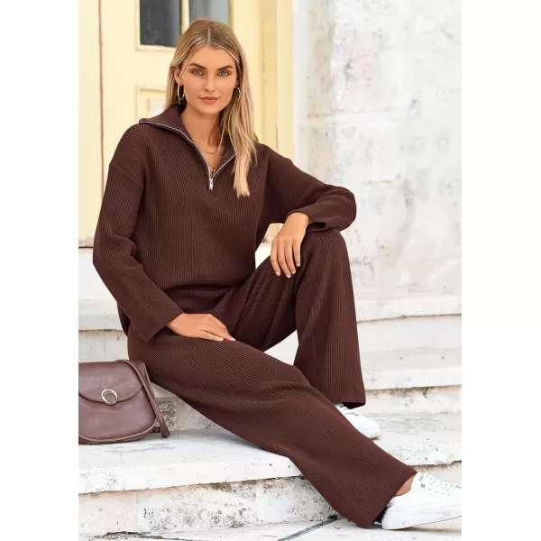 PRETTYGARDEN Womens 2 Piece Sweater Set Long Sleeve Quarter Zip Sweatshirt Wide Leg Pants Fall Outfits TracksuitCoffee