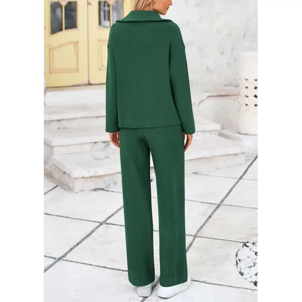 PRETTYGARDEN Womens 2 Piece Sweater Set Long Sleeve Quarter Zip Sweatshirt Wide Leg Pants Fall Outfits TracksuitDark Green