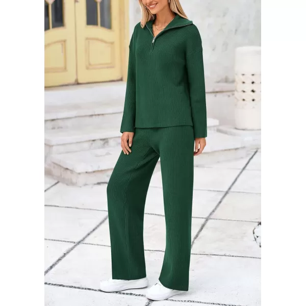 PRETTYGARDEN Womens 2 Piece Sweater Set Long Sleeve Quarter Zip Sweatshirt Wide Leg Pants Fall Outfits TracksuitDark Green