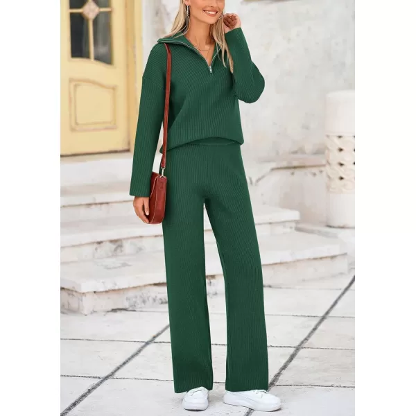 PRETTYGARDEN Womens 2 Piece Sweater Set Long Sleeve Quarter Zip Sweatshirt Wide Leg Pants Fall Outfits TracksuitDark Green