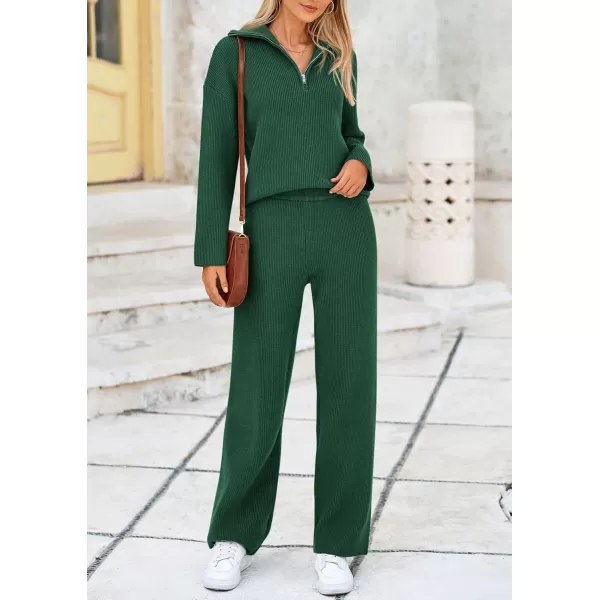 PRETTYGARDEN Womens 2 Piece Sweater Set Long Sleeve Quarter Zip Sweatshirt Wide Leg Pants Fall Outfits TracksuitDark Green