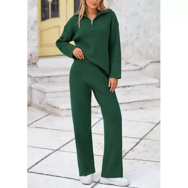 PRETTYGARDEN Womens 2 Piece Sweater Set Long Sleeve Quarter Zip Sweatshirt Wide Leg Pants Fall Outfits TracksuitDark Green
