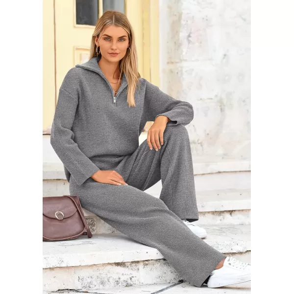 PRETTYGARDEN Womens 2 Piece Sweater Set Long Sleeve Quarter Zip Sweatshirt Wide Leg Pants Fall Outfits TracksuitGrey
