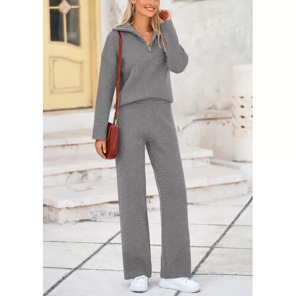 PRETTYGARDEN Womens 2 Piece Sweater Set Long Sleeve Quarter Zip Sweatshirt Wide Leg Pants Fall Outfits TracksuitGrey