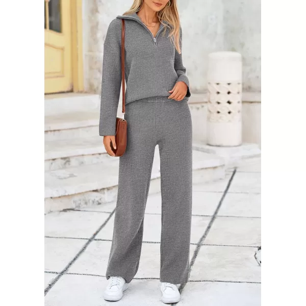 PRETTYGARDEN Womens 2 Piece Sweater Set Long Sleeve Quarter Zip Sweatshirt Wide Leg Pants Fall Outfits TracksuitGrey