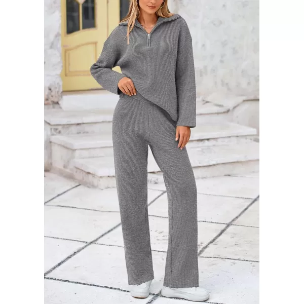 PRETTYGARDEN Womens 2 Piece Sweater Set Long Sleeve Quarter Zip Sweatshirt Wide Leg Pants Fall Outfits TracksuitGrey